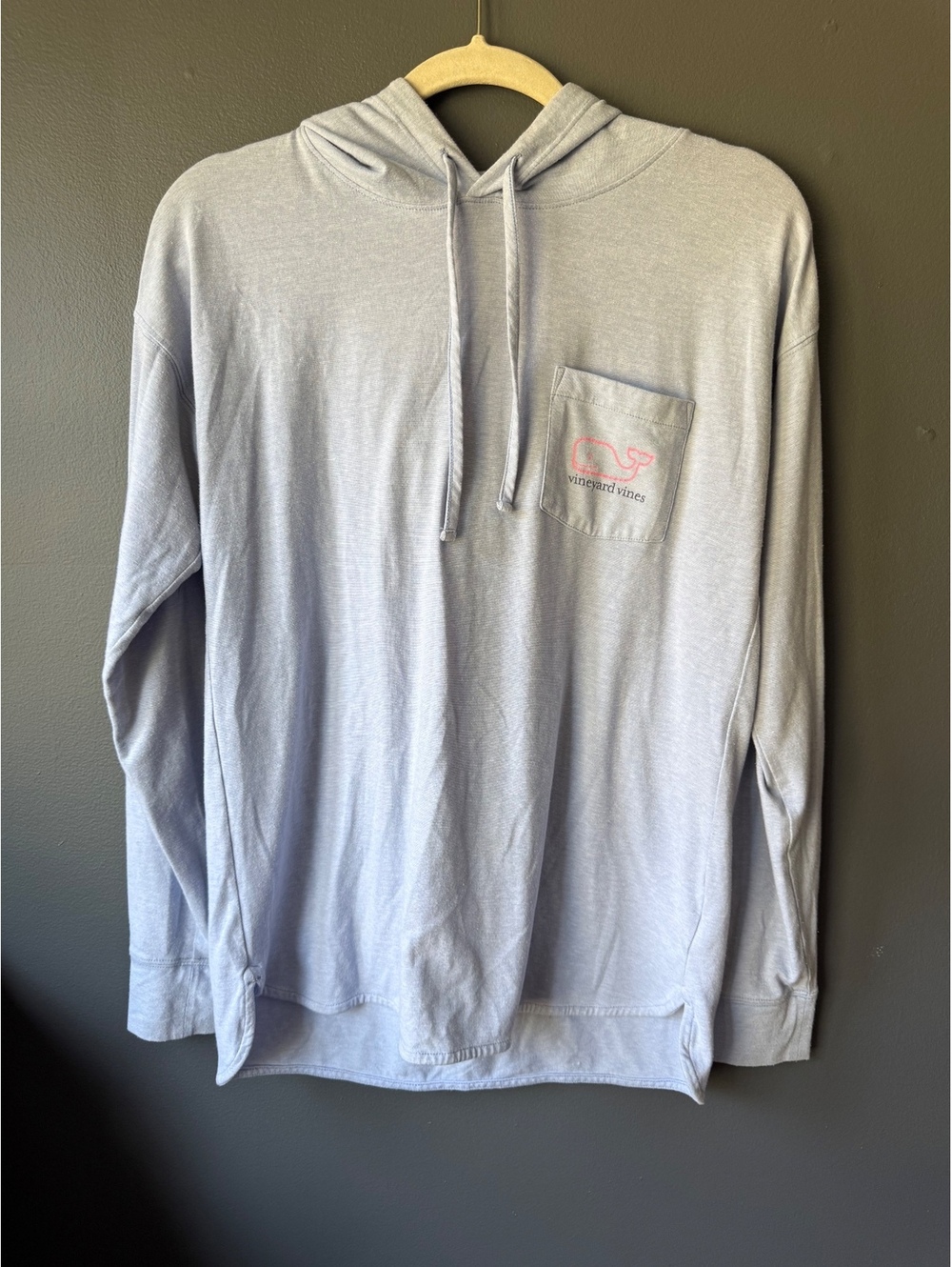 Vineyard Vines Light Blue Hoodie with Whale Logo Pocket and Sleeve Print